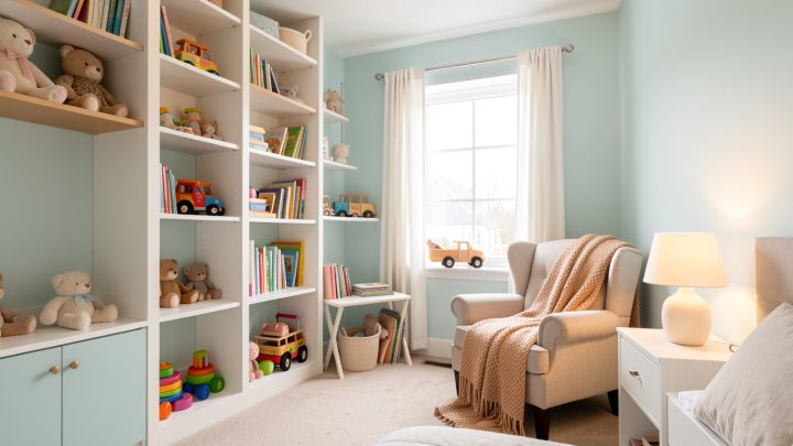 Chambre d’enfant douce et lumineuse, avec rangements intégrés, un coin lecture confortable et une ambiance apaisante, éclairée par la lumière du jour.