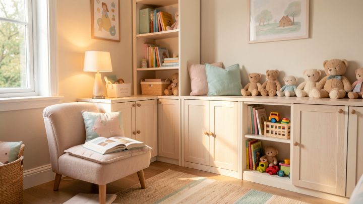 Chambre d’enfant douce et lumineuse avec un coin lecture confortable, des rangements bas et une ambiance chaleureuse et apaisante.