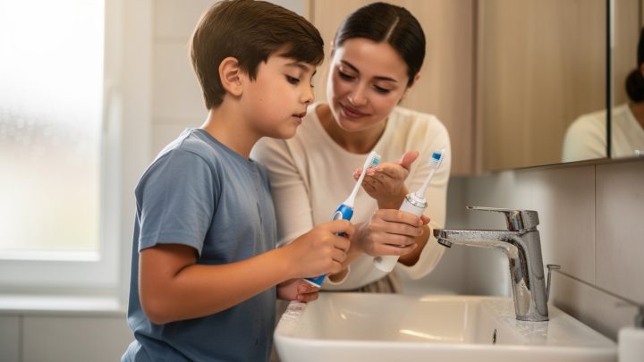 Une femme parent conseille un adolescent dans une salle de bain lumineuse pendant le brossage des dents et l’utilisation d’un hydropulseur.