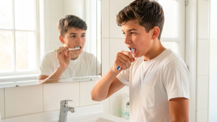 Un adolescent se brosse les dents dans une salle de bain lumineuse, près d’un lavabo et en regardant son reflet dans un miroir.
