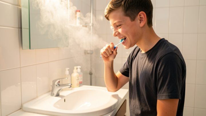 Un adolescent se brosse les dents dans une salle de bain lumineuse, ambiance de routine d’hygiène dentaire familiale et rassurante.