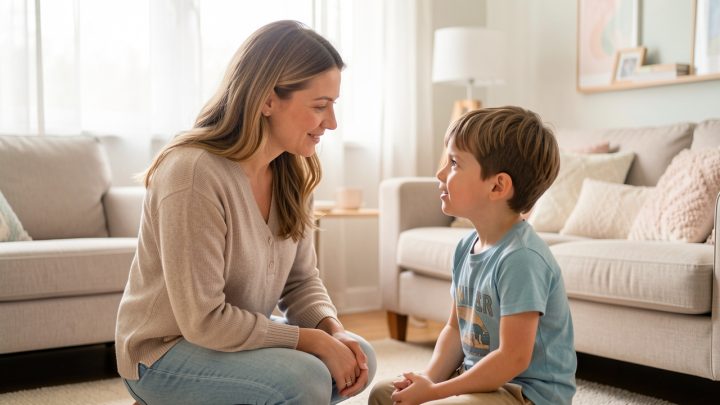 Une mère accroupie à hauteur d’un jeune garçon l’écoute avec calme dans un salon familial lumineux et apaisant.