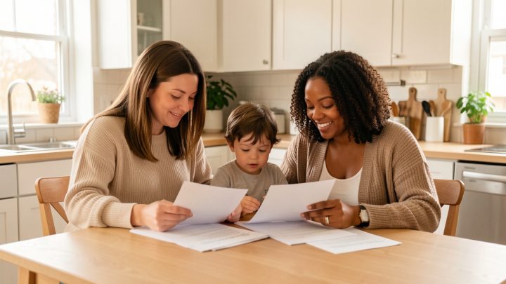 Un couple de deux femmes LGBTQIA+ assis avec leur jeune enfant autour d’une table lumineuse, dans une ambiance familiale douce et rassurante, avec des documents administratifs vierges.