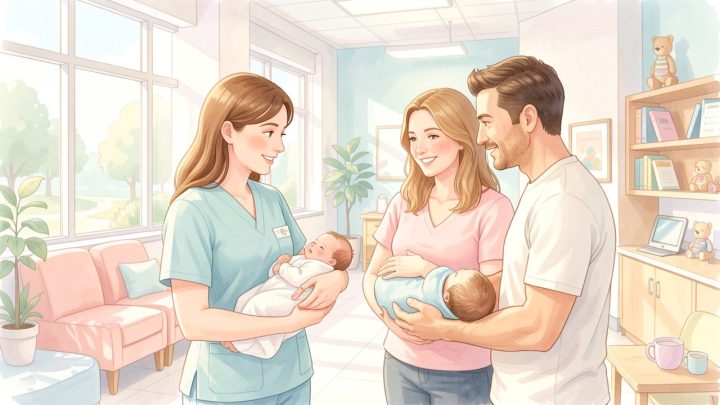 Illustration douce et réaliste d’une infirmière puéricultrice échangeant avec une mère et un père tandis que leur bébé repose dans les bras de sa mère, dans un centre de santé lumineux.