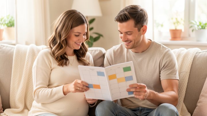 Un couple, avec une femme enceinte et son partenaire, consulte un calendrier vierge dans un salon lumineux à l’ambiance douce et réaliste.