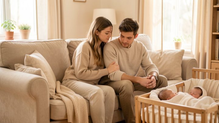 Jeune couple assis côte à côte sur un canapé, observant tendrement un bébé endormi dans un berceau à proximité, dans une pièce chaleureuse.