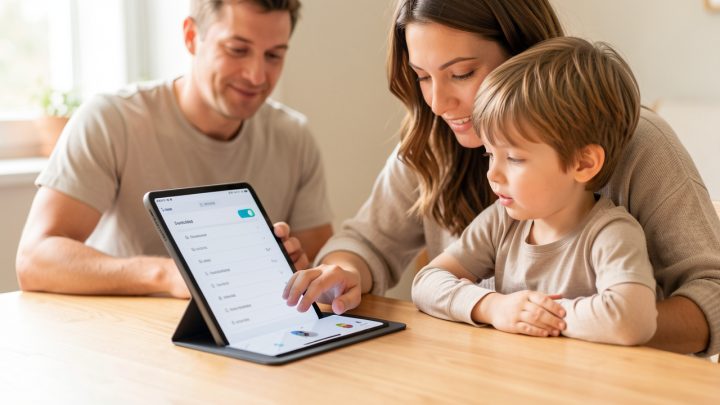 Une mère et son jeune fils consultent ensemble les réglages de confidentialité d’une tablette dans une ambiance lumineuse et rassurante.