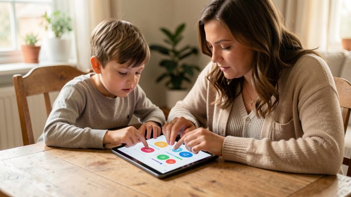 Une mère et son jeune fils configurent ensemble une tablette de contrôle parental à une table en bois, dans une ambiance chaleureuse et réaliste.