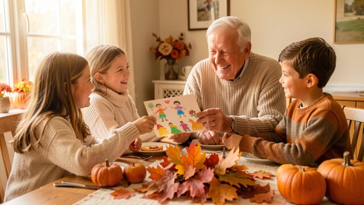Un grand-père souriant reçoit une carte décorée de dessins colorés de la part de ses petits-enfants autour d’une table familiale lumineuse, dans une douce ambiance automnale.