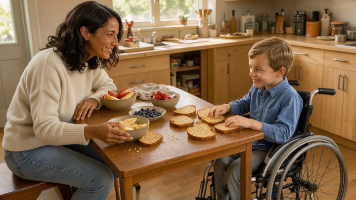 Une mère et son jeune fils en fauteuil roulant préparent ensemble le petit-déjeuner dans une cuisine lumineuse et accessible, dans une ambiance familiale chaleureuse et rassurante.