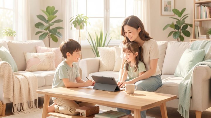 Une mère et deux enfants discutent calmement autour d’une tablette éteinte dans un salon lumineux et chaleureux.